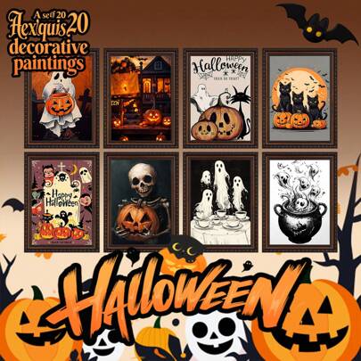 20pcs Frameless Halloween Decorative Paintings In Various Styles Halloween Carnival Decorations, Pumpkins, Ghosts, Cats, Halloween Gifts, Halloween Paintings,Artistic Gift And Decoration,Aesthetic Room Decor, Bedroom,Waterproof Canvas Wall Art, Artwork Wall Painting For Gift,Kitchen, Dining Room, Living Room, Cafe, Bar, Wall Decor , Home And Dormitory Decoration Gifts Birthday Graduation,School Supplies,Back To School