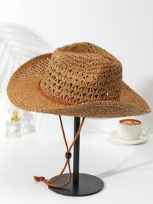 1pc Unisex Solid Hollow Out Cowgirl Hat Sun Hat Wide Brim Handmade Sun Visor Windproof Rope Cowboy Hat Perfect Beach Hat Straw Hat For Outdoor - Multicolor - View 6