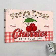 1 Pc Framed Farm Fresh Sweet Juicy Cherries Vintage Metal, Retro Fruit Poster Decorative Wall Art Canvas Poster Painting Wall Decor For Bedroom Living Room - Apricot - View 1