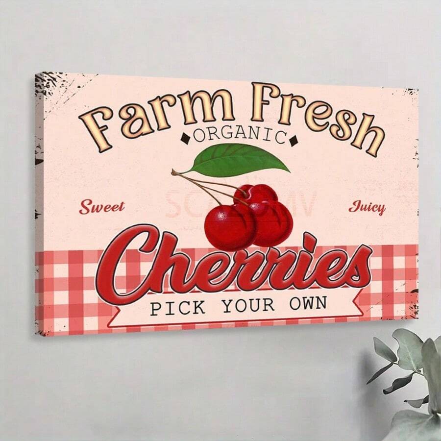 1 Pc Framed Farm Fresh Sweet Juicy Cherries Vintage Metal, Retro Fruit Poster Decorative Wall Art Canvas Poster Painting Wall Decor For Bedroom Living Room - Apricot - View 1