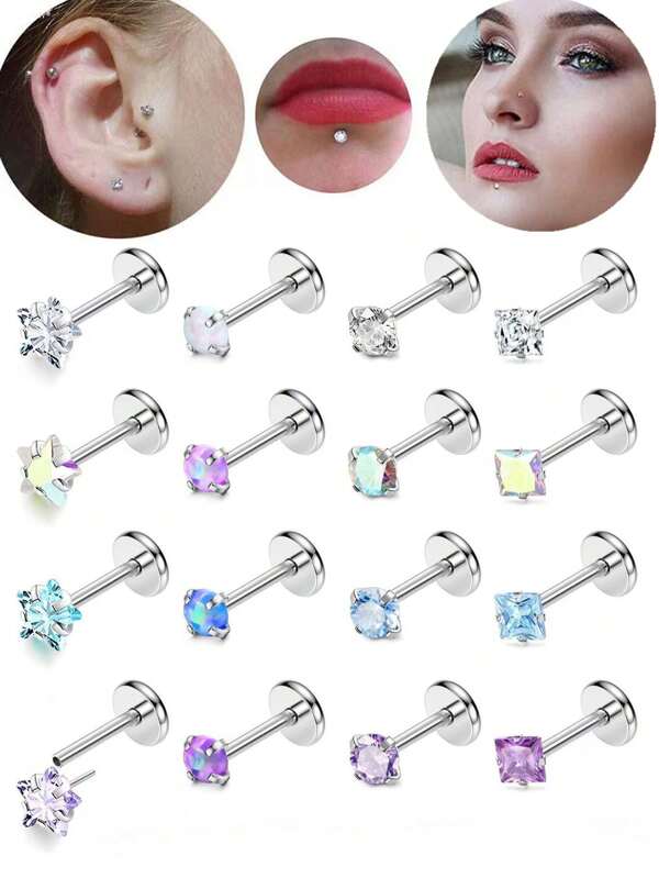 16 piezas/set de pendientes con adornos y anillos para los labios de acero inoxidable, joyería de perforación nasal de cristal de circonita para hombres y mujeres, accesorios de piercing corporal de moda