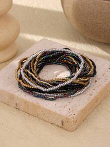 Bộ 20 chiếc/Bộ vòng tay xếp chồng hạt thủy tinh nhiều màu phong cách Bohemian dành cho nữ - màu đen - Xem 2