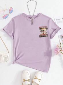 1 件青少年女孩咖啡色芭蕾舞女演员图案短袖超大 T 恤，柔软亲肤面料，日常街头夏季风格 - 紫色 - 查看 3