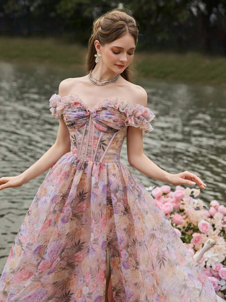 Faeriesty 奢华优雅露肩花卉晚礼服，荷叶边袖子和高开衩，花卉印花欧根纱修身紧身胸衣 - 适合婚礼、花园派对、舞会和浪漫春晚的正式礼服 - 粉色 - 查看 1