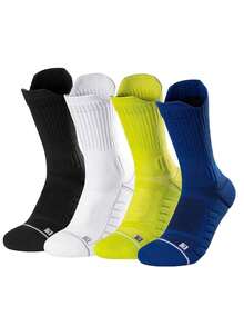 4 Pairs Random Color Sports Socks, Basketball Socks, Running Socks With Terry Cloth Bottom, Moisture Wicking And Breathable - Multicolor - View 2