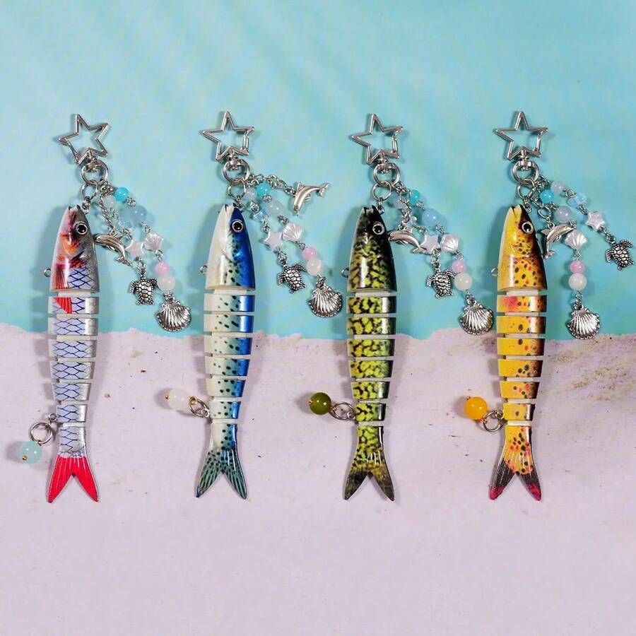 1个手工鱼形钥匙扣，海洋主题包包挂饰，海洋钥匙链，仿真鱼饵钥匙链，串珠鱼形吊坠，海龟，海豚，贝壳和星星珠子，渔夫礼物，学校汽车装饰，可爱哥特风Y2K包带挂绳，圣诞汽车装饰，送给老师、朋友、姐妹的创意礼物