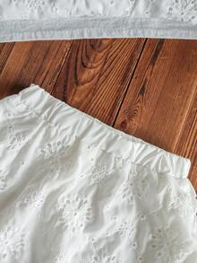 2 件套女童刺绣上衣和短裤，假日韩式时尚可爱优雅装 - 白色 - 查看 5