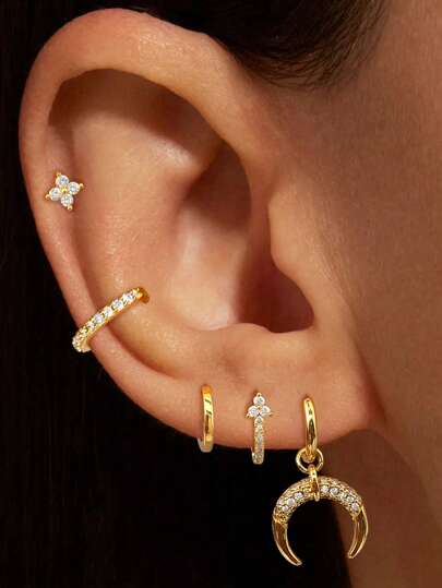 5 piezas Pendientes colgantes de luna enchapados en oro con circonita cúbica exquisita para mujeres - Set de pendientes de aro con circonita a la moda - Joyería de moda