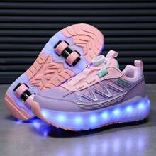 夏季 LED 灯运动轮滑鞋，适合青少年、学生、成人和情侣，时尚透气低帮运动鞋，可转换室内/室外轮滑鞋 - 粉色 - 查看 3