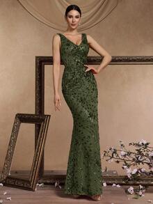 BluePlum Đầm dạ hội cao cấp, sang trọng, co giãn, đính sequin, cổ chữ V, xẻ cao, đuôi cá, thiết kế hở lưng tinh tế, phù hợp cho tiệc cocktail, đám cưới, các dịp trang trọng mùa xuân. - Màu xanh Ô liu - Xem 6