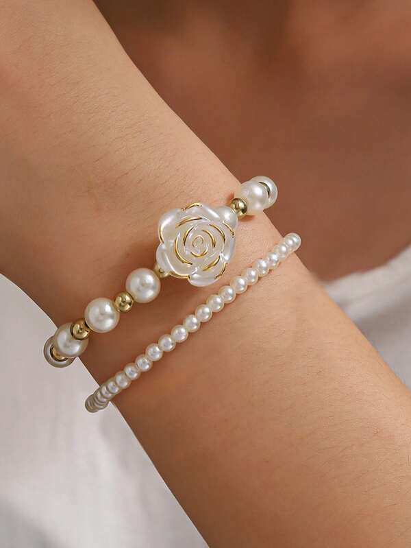 2pcs/Set Faux Pearl Bracelets, Elegant Beaded Rose Flower Charm Women's Fashion Accessories, Delicate Jewelry For Daily Wear And Party