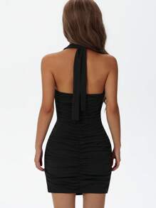 Sexy Deep V-Neck Ruched Waist Halter Backless Mini Dress, Summer New Arrival,Party Dress - Black - View 2