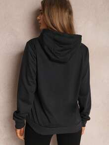 女式纯色长袖口袋抽绳连帽运动衫 - 黑色 - 查看 3