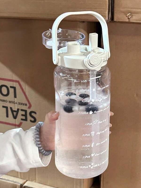 1 stuk 1500ml/2000ml grote waterfles, draagbare plastic waterfles, geschikt voor vrouwen, grote inhoud, aantrekkelijk uiterlijk, shakerfles, tijdsaanduiding, glazen sapfles, waterfles, geschikt voor reizen, buiten, kamperen, buitensporten en fitness, draagbare waterfles voor studenten, waterfles voor terug naar school, draagbare transparante waterfles, zomerse rietjesbeker, wit, lichtgroen