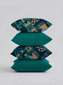 (4 Units) 45x45 Pillow Covers – 2 Plain And 2 Printed – Assorted Colors – AL - Geometric Blue-mint Green - View 1