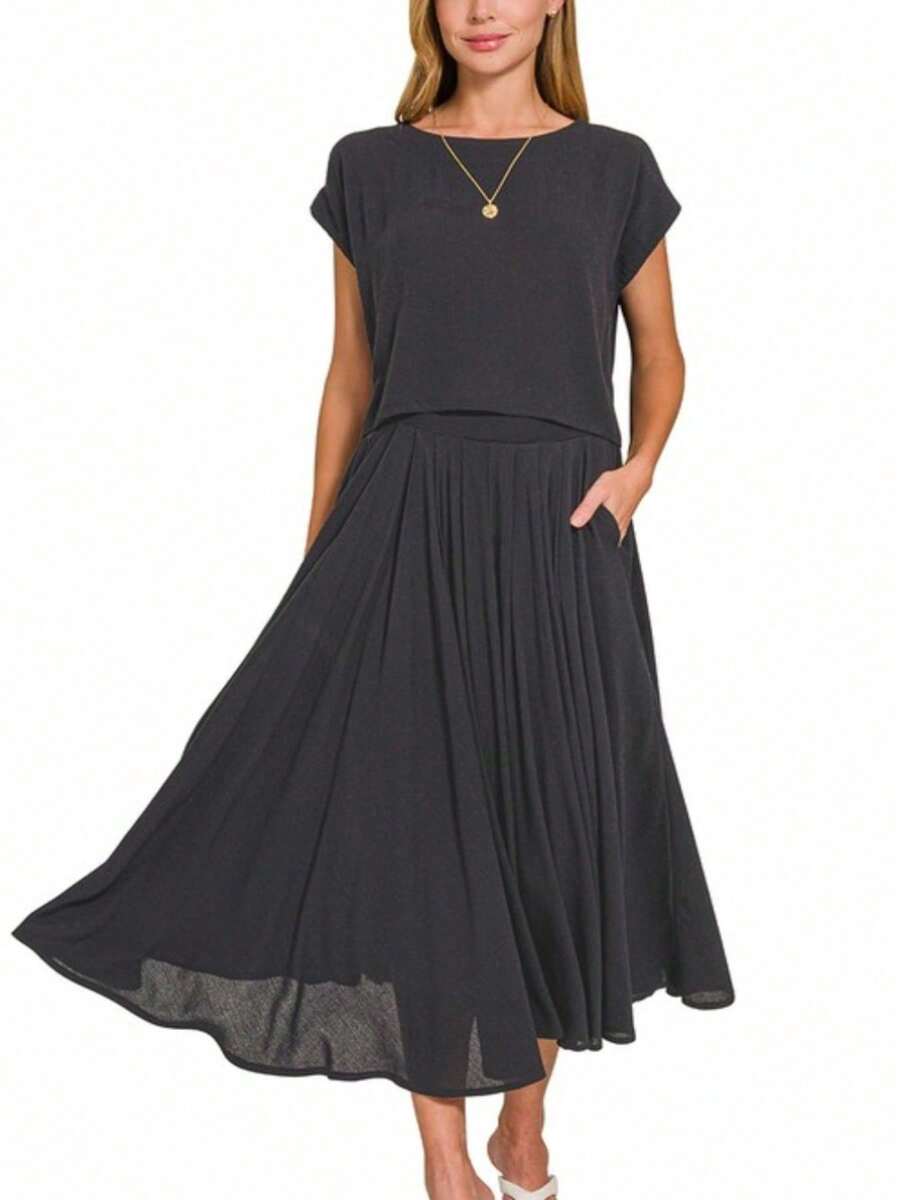 Womens Casual Maxi Dress Set Elegant Flowing Pleated Design Sleeveless Two Piece Coordinated Outfit Dark Gray Round Neck Floor Length Loose Fit Summer Spring Party Evening Wear - màu đen - Xem 1