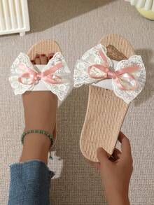 Linen Slippers For Women, Suitable For Spring, Autumn & Summer, Non-Slip, Breathable, Slip-On Sandals With Lace Bow Design, Lightweight For Indoor & Outdoor Wear - White - View 5