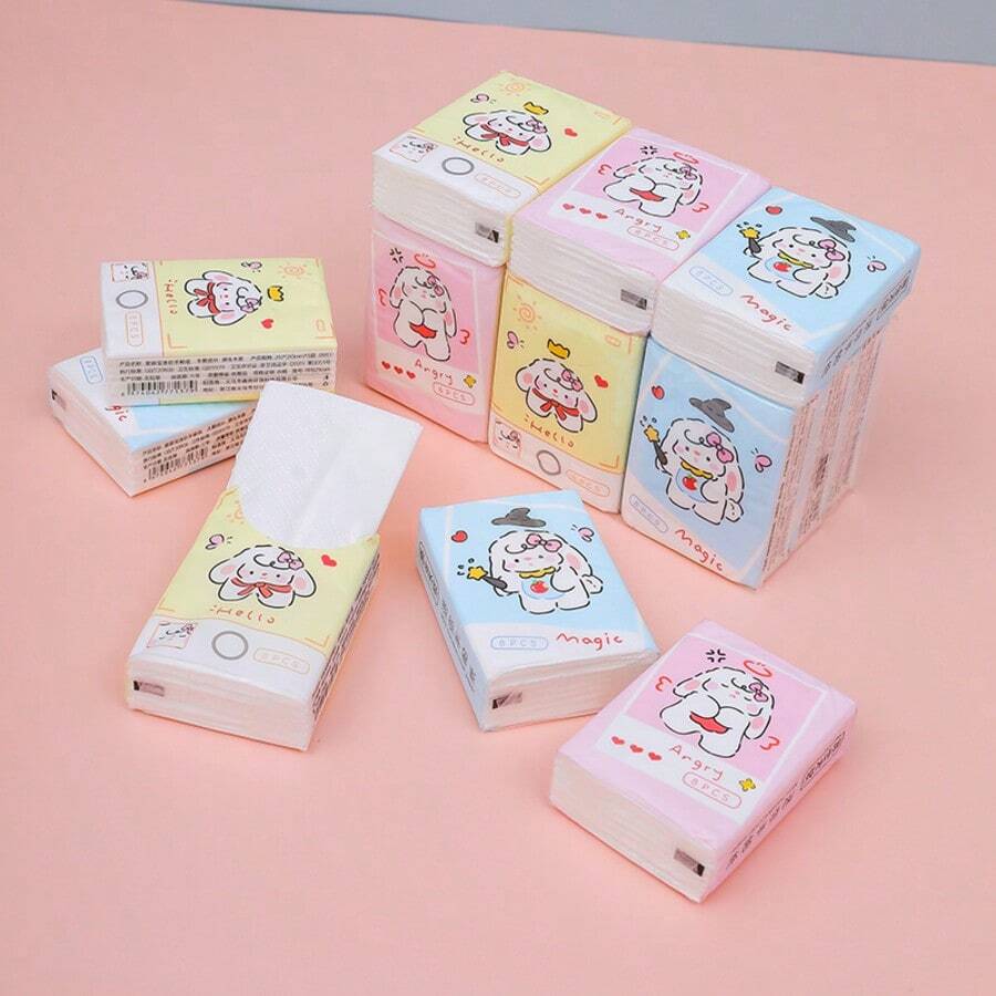 9 paquetes de pañuelos de papel con diseños de cachorros de dibujos animados impresos, paquetes portátiles de papel facial y servilletas para estudiantes - Blanco - Ver 1