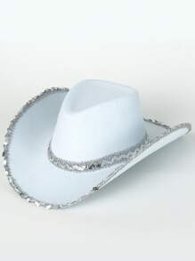 1pc Women's Western Crown Cowboy Hat, Feather Decor, Sequin Trim, Pink Western Cowboy Hat, Stage Hat