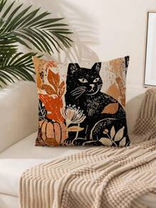 1 pieza Funda de cojín de otoño, estampado bohemio de calabaza fantasma y mapache, tela de poliéster con cremallera, estampado de una sola cara, sin inserto de cojín, decoración del hogar de otoño y Halloween, adecuado para el estilo rústico, patio exterior, sofá, cama, artículos para fiestas