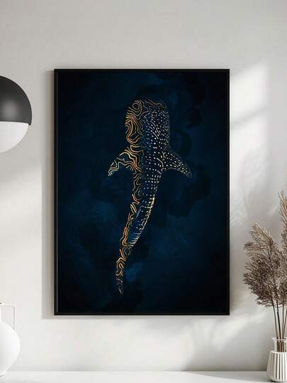 1Pc Elegant Gold Whale Shark Canvas Art, Modern Wall Decor, Stylish Blue And Gold Abstract Design, High Quality Print On Premium Canvas, Wall Arts, Art Prints, Posters, Paintings, For Living Room, Bedroom, Bathroom, Optional Frame