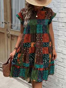 Vestidos femininos na altura do joelho com manga curta de verão com babados e elegantes para férias casuais - Castanho - Visão 3