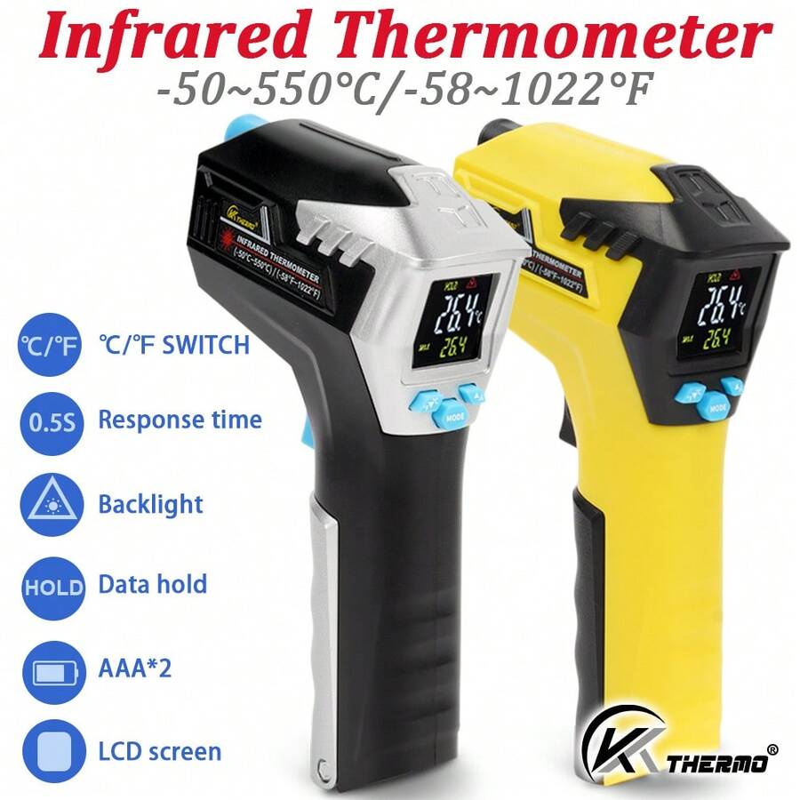 KT THERMO 1 Pc, Infrared Thermometer -50°C To 550°C/58~1022°F, Non-Contact Laser Temperature Gun For Kitchen Baking And Cooking, Frying Oil Temperature Measurement, Kitchen Accessories, Kitchen Gadgets, BBQ Accessories