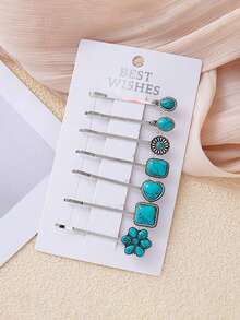 7 件套西式绿松石发饰套装发饰爱心水滴花形发夹单夹，学校用品 - 彩色 - 查看 3