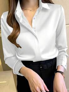 Áo sơ mi nữ dài tay màu đen thanh lịch, chất liệu polyester hơi xuyên thấu, có chi tiết cúc cài, lý tưởng cho mùa xuân/hè/thu. - trắng - Xem 2