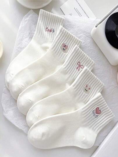 5 Pairs Women's Cute Bow Flower Short Socks, Fashionable College Style, Comfortable & Soft, Moisture-Wicking, Versatile For Daily, Sports, Casual Wear, Suitable For Spring, Summer, Autumn