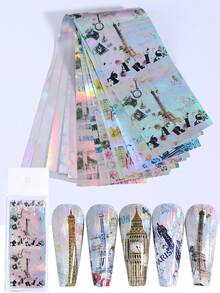 30张激光美甲贴纸，图案包括埃菲尔铁塔、激光大理石纹、蛇皮纹、巴黎地标、星空，适合美甲DIY、Y2K风格、全息美甲沙龙装饰 - 彩色 - 查看 3