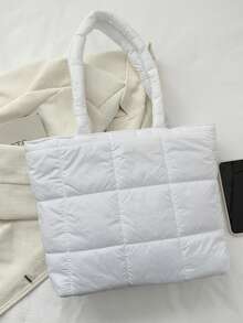 Large Capacity Women's Solid Color Soft Down Handbag, Spacious Down Shoulder Bag, Lightweight Crossbody Bag, Fashionable For Commuting And Shopping, Suitable For Holiday Gifts, Casual Cushion Tote Bag - White - View 9