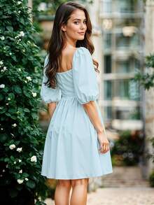 Vestido Corto de Escote Cuadrado con Manga Abullonada Casual para Mujer - Azul y blanco - Ver 4