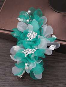 1 件手工真丝雪纺白色花朵蕾丝发夹，婚礼摄影新娘发饰 - 孔雀藍 - 查看 2