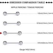 2 件乳头舌软骨环，男女适用，不锈钢杠铃 14 号 5 毫米球形乳头棒穿孔饰品