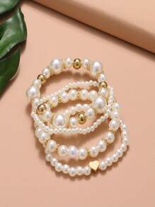 Set de 4 piezas de joyería con pulsera de cuentas y colgante con forma de corazón de perlas falsas, adecuado para niños, niñas, uso diario, festivales y fiestas