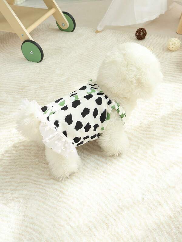 1pc Pet Dog Dress, Color Contrast Ruched Strappy Daisy Floral Print Mesh Skirt Design Sleeveless Strap Dress For Teddy, Poodle, Small Dogs, Summer