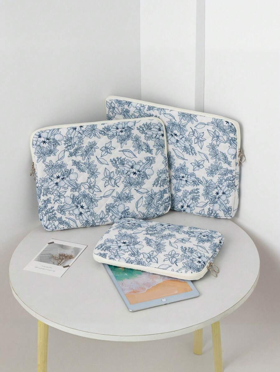 Marineblauer Blumen-Quiltfutter Laptop-Schutzhülle, stoßabsorbierendes Innenfach für 10/11", 13/14", 15/15,6" Laptops, koreanischer Stil