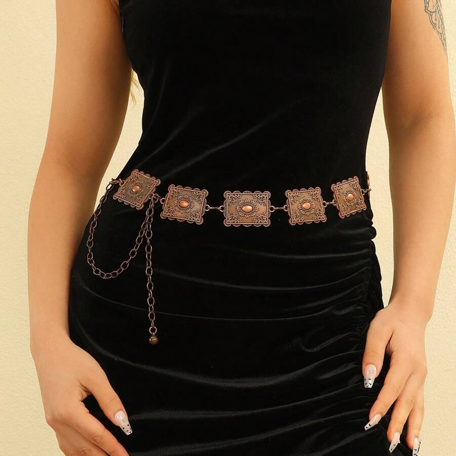 Cadena de cintura con patrón grabado de estilo vintage Y2K, cadena de cintura de aleación de zinc con diseño de frutas y verduras estilo bohemio, adecuada para uso casual, deportivo, boda, fiesta, primavera/verano/otoño/invierno