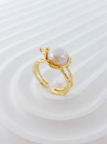 1pc Handmade Baroque Style Irregular Pearl Ring, Silver Vintage Stacking Rings For Women Everyday Wear