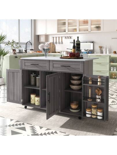 Kitchen Isl Sideboard Marble Effect Worktop, Extendable Tabletop Storage Space, Serving Trolley Wheels Drawers, Ideal Dining Room view 3