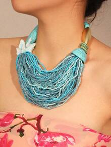 1 件波西米亚渐变多层串珠项链，海洋度假风格仿绿松石颈链