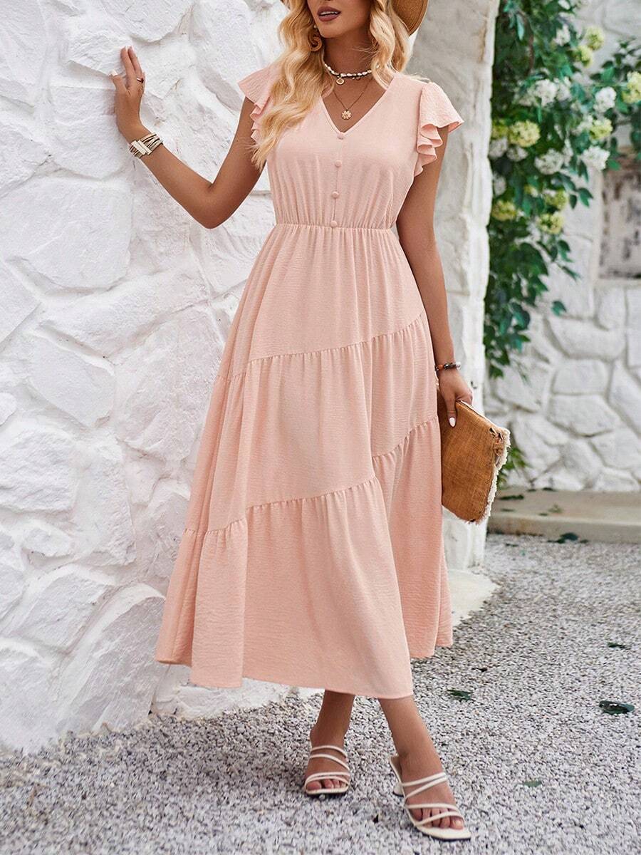 Vestido Maxi Suave y Cómodo de Verano para Dama, Cuello en V, Manga Corta con Volantes, Fresco y Transpirable - Rosa - Ver 1