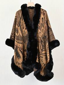 Xale Poncho Tricotado com Design de Pena de Pavão Elegante, Novo, Quente, Confortável e Respirável, Xale Grosso Vintage para Outono/Inverno, Combinado com Borda de Pele Sintética Macia para Vestido