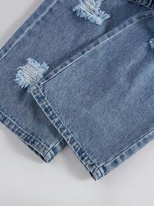 1 条装 女童青少年时尚破洞流苏休闲直筒牛仔裤，街头风格，百搭 - 中等水洗藍 - 查看 8