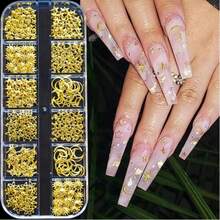 1Box Star, Heart, Triangle, Moon,Square Shaped Metallic Rivets, 3D Gold Punk Nail Art Decorations, 12 Grids Nail Sequins Charms DIY Nail Gems Nail Supplies