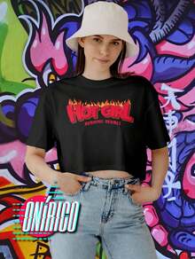 Crop top Hot Girl Ombliguera Hot Girl Camiseta corta  Letras  Dibujos animados    Casual    Ninguno    Escenario y concierto  Noche de fiesta  Playa - Negro - Ver 3