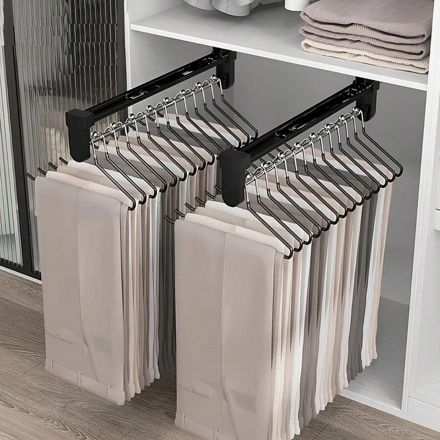 1pc Metal Garment Rack, Pull Out Pant Hanger, Bedroom Closet Clothing Rod, Multi-Functional Telescopic Storage Clothes Rack, Solid Hanging Bar, Steel Ball Divider Storage, Telescopic Design, Space Saving For Wooden Wardrobes - Black - View 1