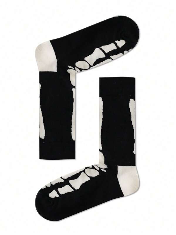 1 Pair Unisex Skull Toe Crew Socks, Black, Fashionable For All Seasons