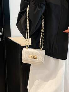 迷你方形包，编织纹理，绗缝，新款女士手提包，菱形图案缝线，高品质单肩包，编织链条包，翻盖小包，口红包，可爱斜挎包，时尚配饰包 - 白色 - 查看 4